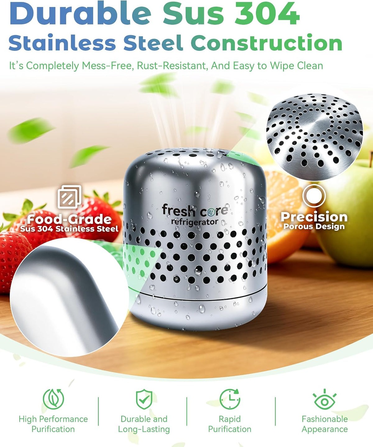 Refrigerator Deodorizer, Nano-Catalytic Stainless Steel Odor Eliminator, Compact Storage Design, Extends Grocery Life, 10-Year Odor Eliminator for Fridge Freezer Car Closet，1Pcs
