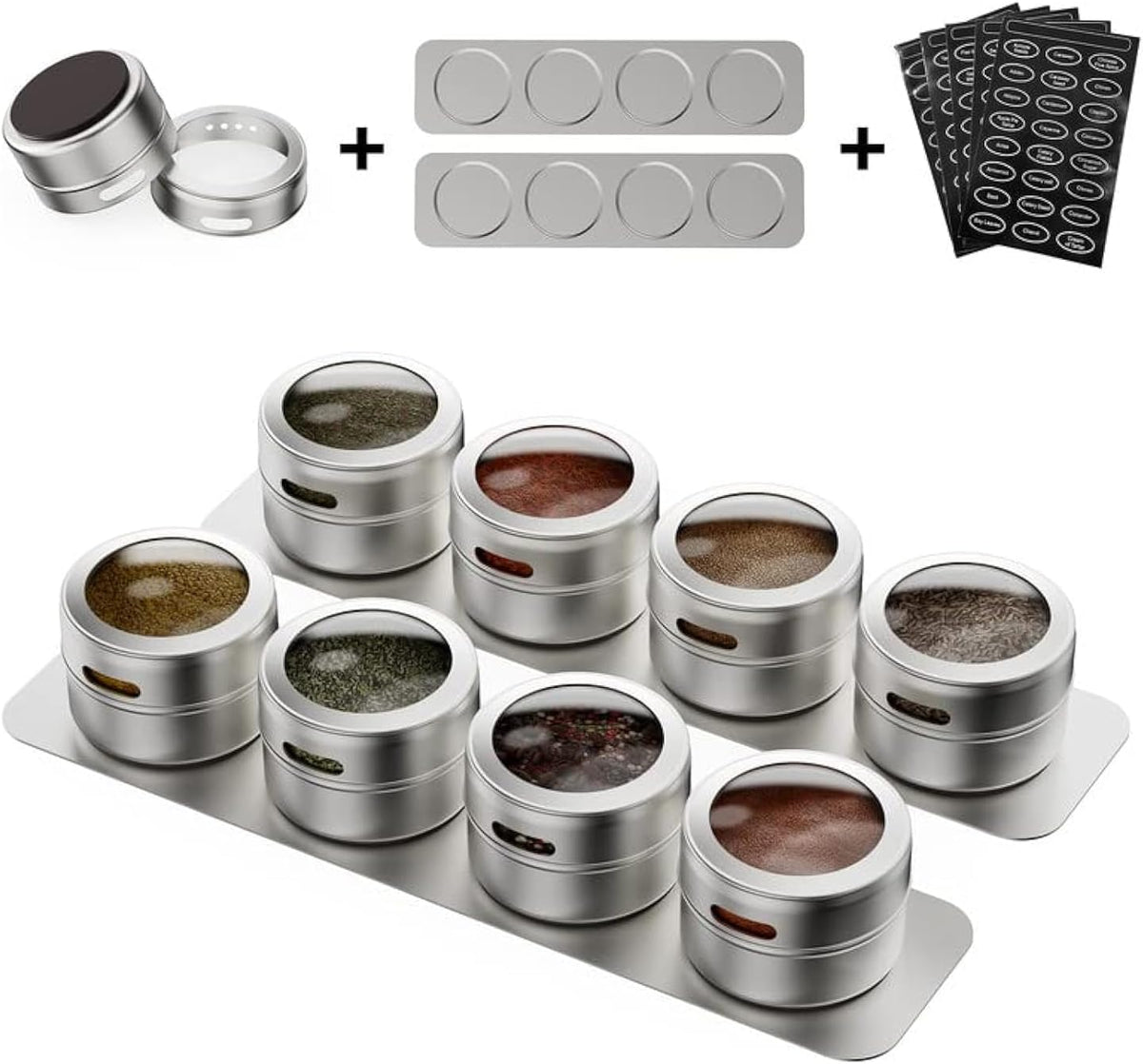 Vetacsion Set of 8 Magnetic Spice Tins with 2 Metal Wall-Plates,120 Preprinted Seasoning Label Stickers,2 Styles for 3 oz Herb Jars
