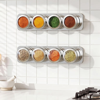Vetacsion Set of 8 Magnetic Spice Tins with 2 Metal Wall-Plates,120 Preprinted Seasoning Label Stickers,2 Styles for 3 oz Herb Jars