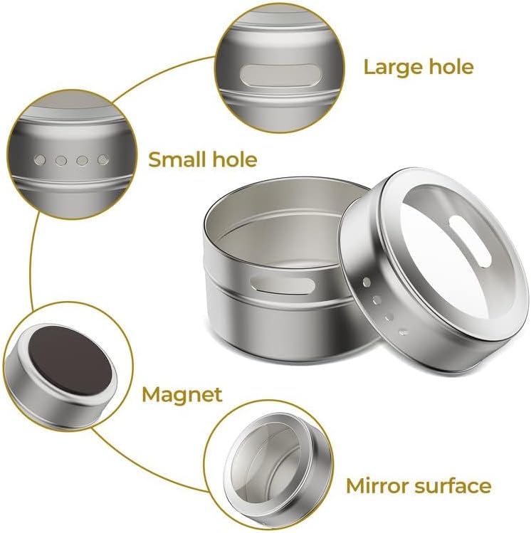 Vetacsion Set of 8 Magnetic Spice Tins with 2 Metal Wall-Plates,120 Preprinted Seasoning Label Stickers,2 Styles for 3 oz Herb Jars
