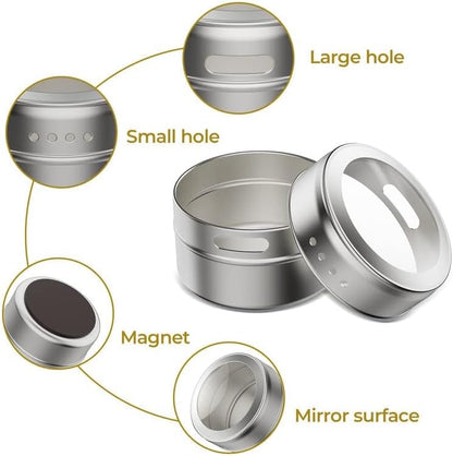 Vetacsion Set of 8 Magnetic Spice Tins with 2 Metal Wall-Plates,120 Preprinted Seasoning Label Stickers,2 Styles for 3 oz Herb Jars