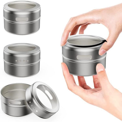 Vetacsion Set of 8 Magnetic Spice Tins with 2 Metal Wall-Plates,120 Preprinted Seasoning Label Stickers,2 Styles for 3 oz Herb Jars
