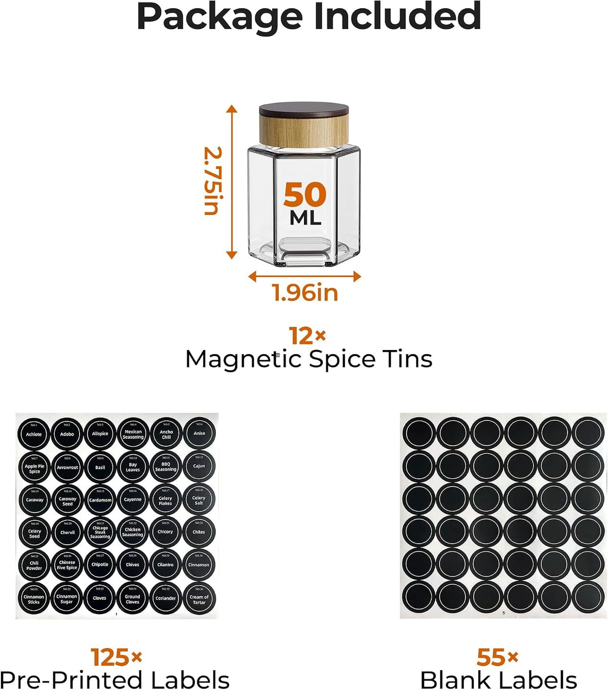 Vetacsion Set of 8 Magnetic Spice Tins with 2 Metal Wall-Plates,120 Preprinted Seasoning Label Stickers,2 Styles for 3 oz Herb Jars