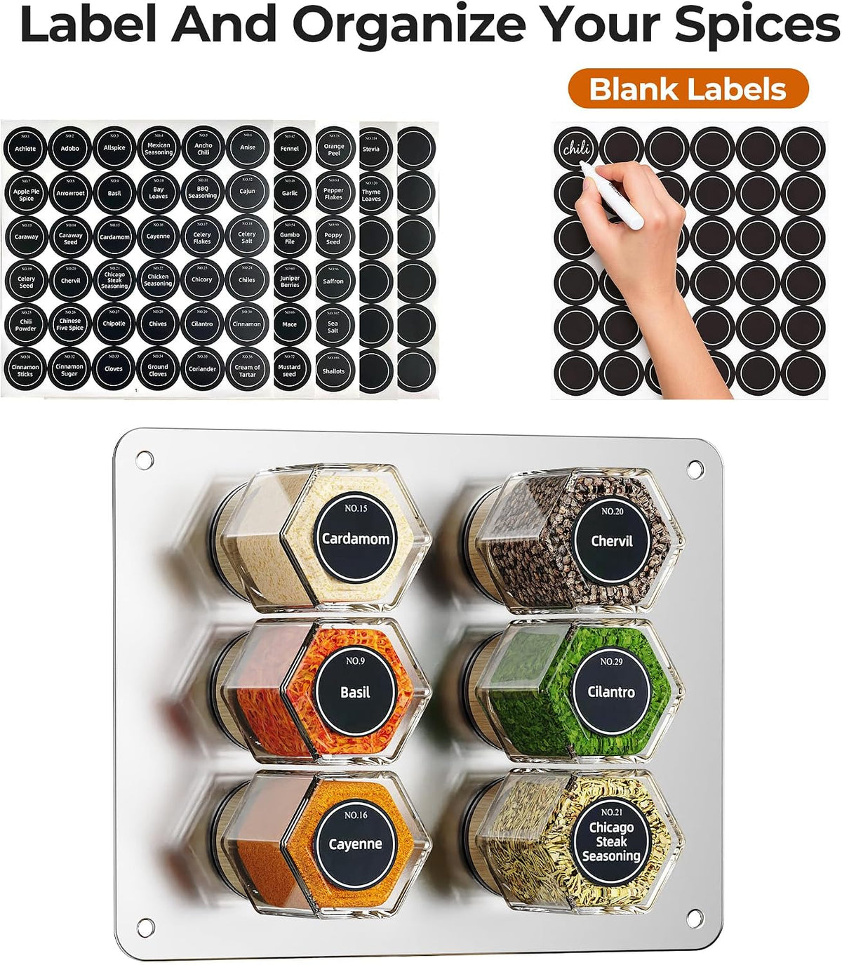 Vetacsion Set of 8 Magnetic Spice Tins with 2 Metal Wall-Plates,120 Preprinted Seasoning Label Stickers,2 Styles for 3 oz Herb Jars