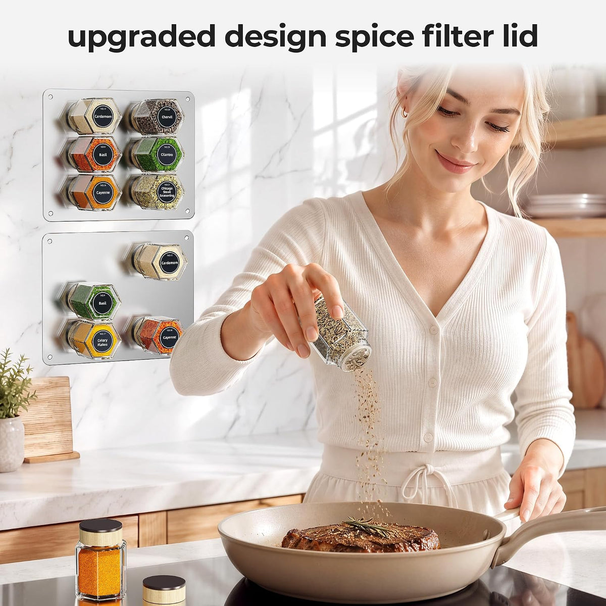 Vetacsion Set of 8 Magnetic Spice Tins with 2 Metal Wall-Plates,120 Preprinted Seasoning Label Stickers,2 Styles for 3 oz Herb Jars