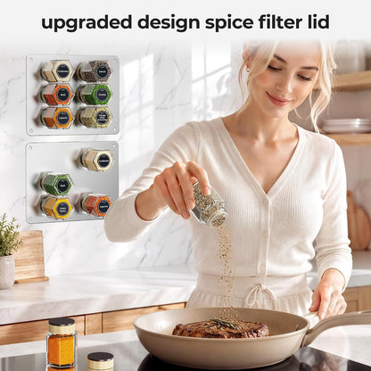 Vetacsion Set of 8 Magnetic Spice Tins with 2 Metal Wall-Plates,120 Preprinted Seasoning Label Stickers,2 Styles for 3 oz Herb Jars