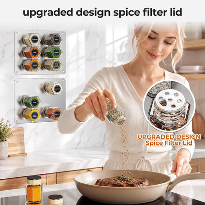Vetacsion Set of 8 Magnetic Spice Tins with 2 Metal Wall-Plates,120 Preprinted Seasoning Label Stickers,2 Styles for 3 oz Herb Jars