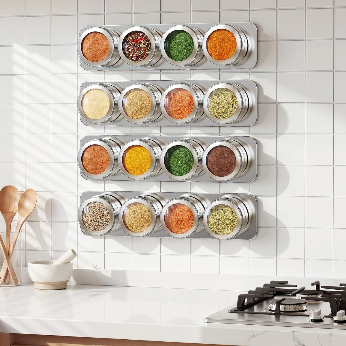 Vetacsion Set of 8 Magnetic Spice Tins with 2 Metal Wall-Plates,120 Preprinted Seasoning Label Stickers,2 Styles for 3 oz Herb Jars