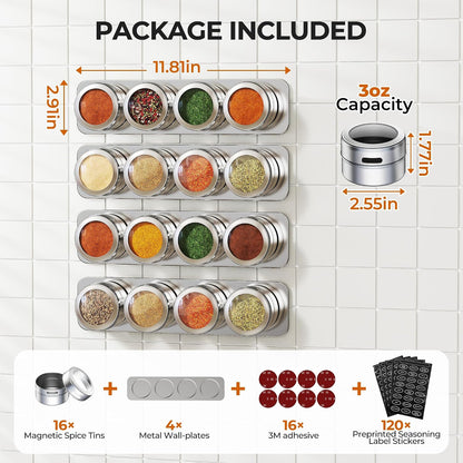 Vetacsion Set of 8 Magnetic Spice Tins with 2 Metal Wall-Plates,120 Preprinted Seasoning Label Stickers,2 Styles for 3 oz Herb Jars