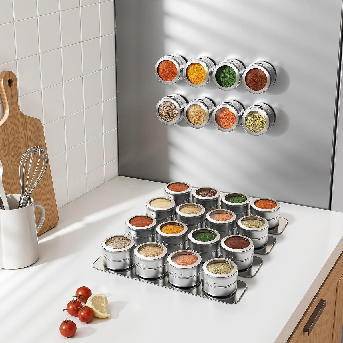 Vetacsion Set of 8 Magnetic Spice Tins with 2 Metal Wall-Plates,120 Preprinted Seasoning Label Stickers,2 Styles for 3 oz Herb Jars