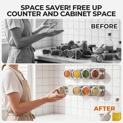 Vetacsion Set of 8 Magnetic Spice Tins with 2 Metal Wall-Plates,120 Preprinted Seasoning Label Stickers,2 Styles for 3 oz Herb Jars