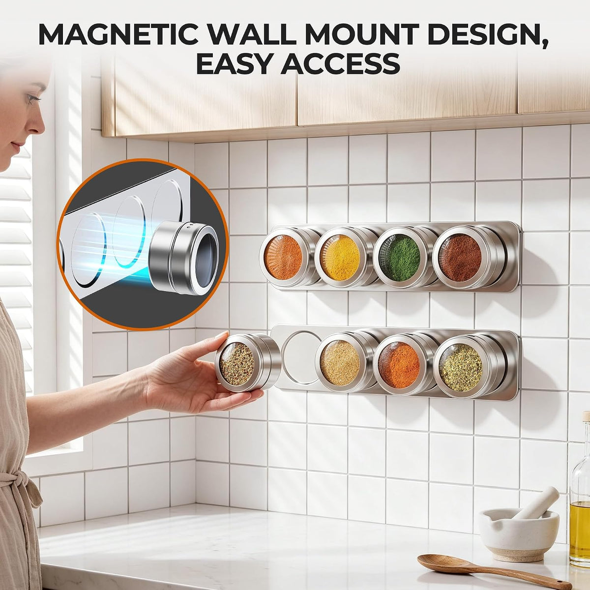 Vetacsion Set of 8 Magnetic Spice Tins with 2 Metal Wall-Plates,120 Preprinted Seasoning Label Stickers,2 Styles for 3 oz Herb Jars