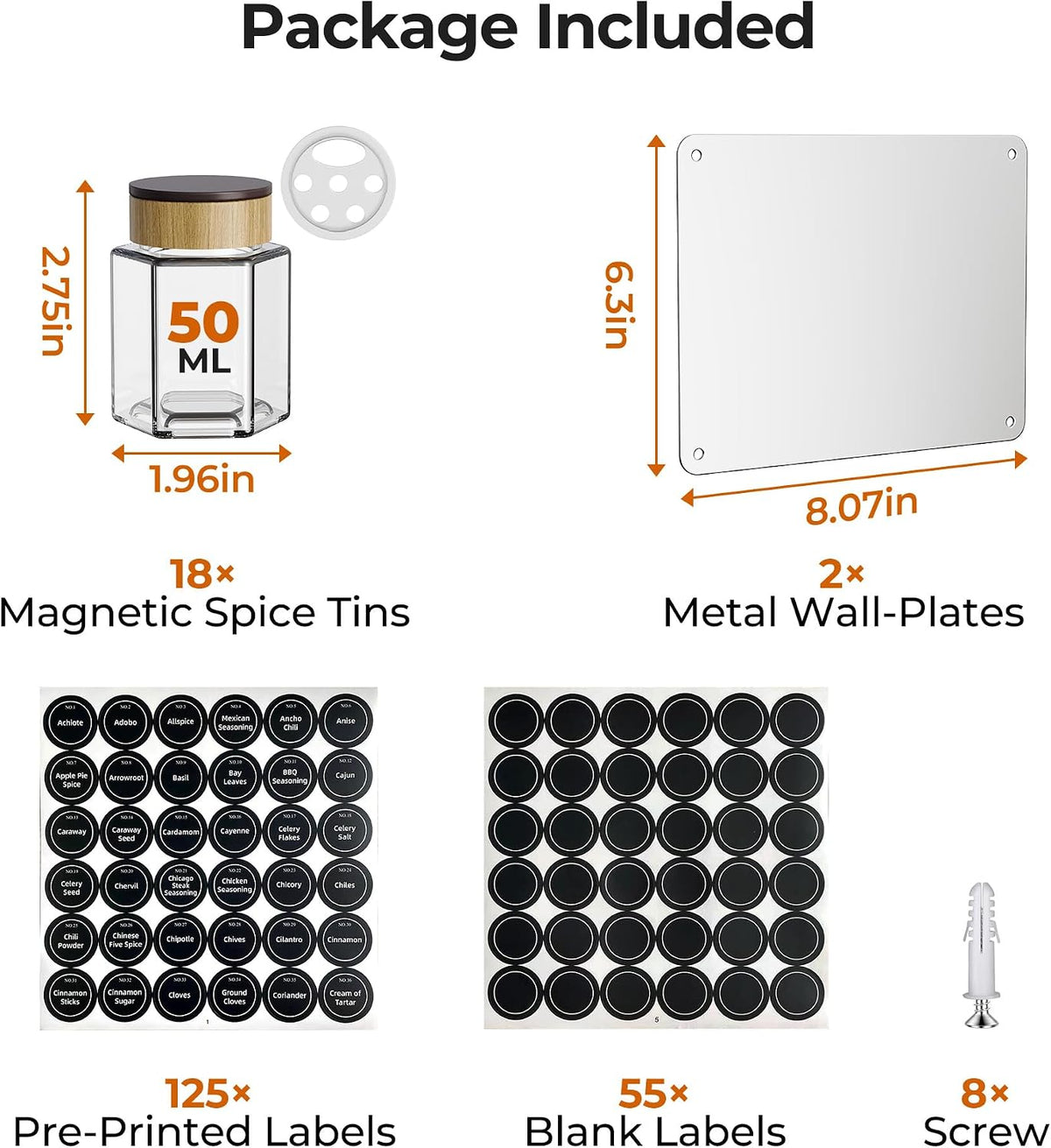 Vetacsion Set of 8 Magnetic Spice Tins with 2 Metal Wall-Plates,120 Preprinted Seasoning Label Stickers,2 Styles for 3 oz Herb Jars