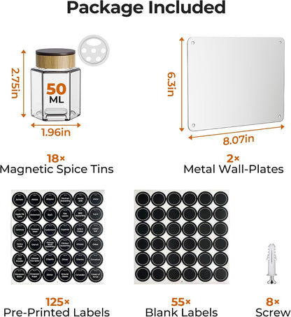 Vetacsion Set of 8 Magnetic Spice Tins with 2 Metal Wall-Plates,120 Preprinted Seasoning Label Stickers,2 Styles for 3 oz Herb Jars
