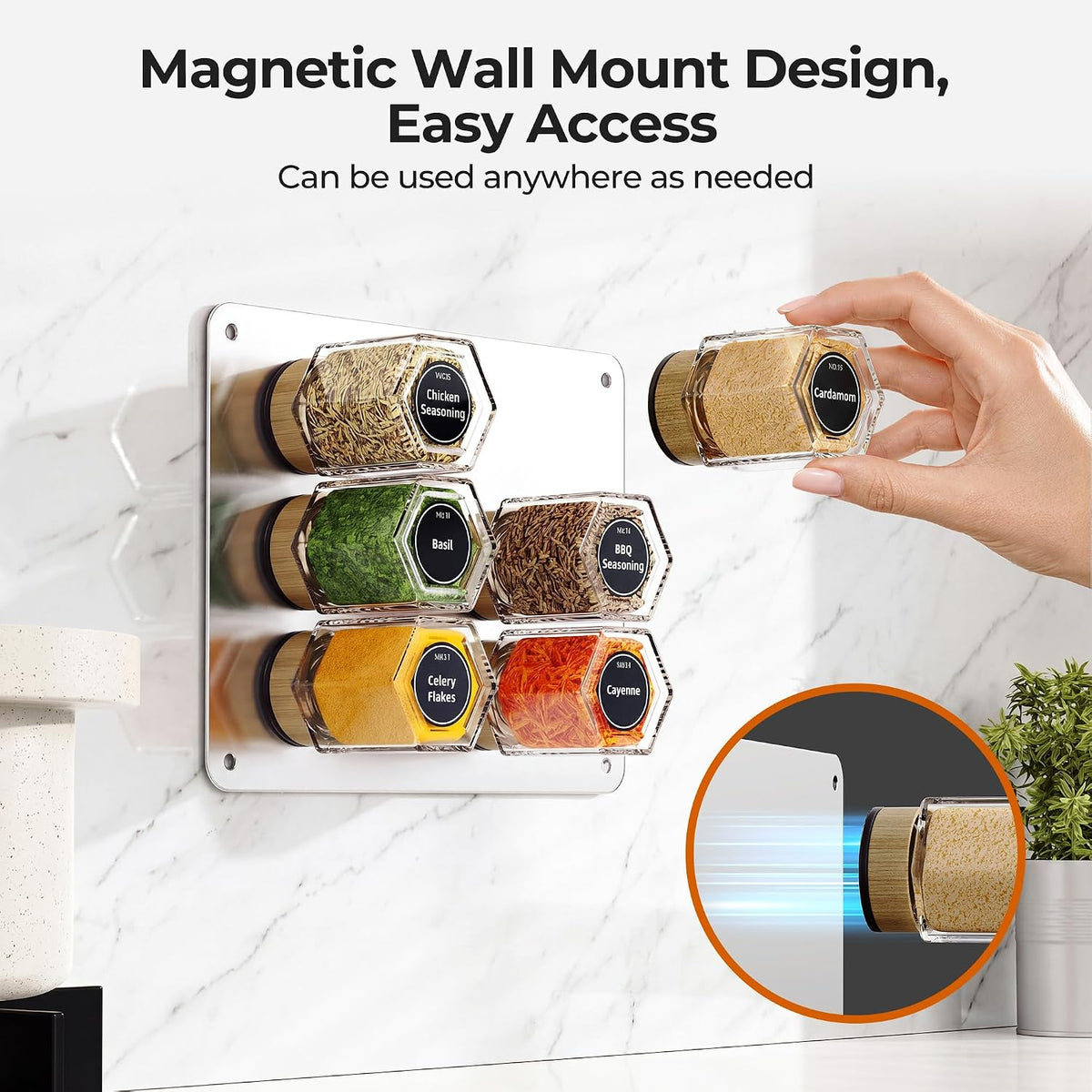 Vetacsion Set of 8 Magnetic Spice Tins with 2 Metal Wall-Plates,120 Preprinted Seasoning Label Stickers,2 Styles for 3 oz Herb Jars