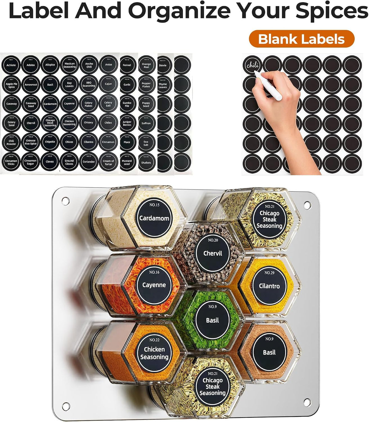Vetacsion Set of 8 Magnetic Spice Tins with 2 Metal Wall-Plates,120 Preprinted Seasoning Label Stickers,2 Styles for 3 oz Herb Jars