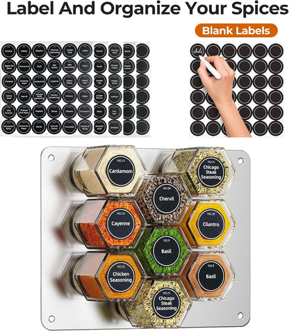 Vetacsion Set of 8 Magnetic Spice Tins with 2 Metal Wall-Plates,120 Preprinted Seasoning Label Stickers,2 Styles for 3 oz Herb Jars