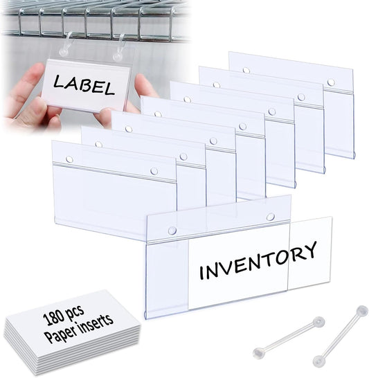 Plastic Shelf Labels, 60pcs Label Holders with 120pcs Snap Lock Hanging Loops and 60pcs Matched Paper Inserts for Wire Basket,Price Tags,Shelf Tags for Wire Shelving 3.15x1.57inch