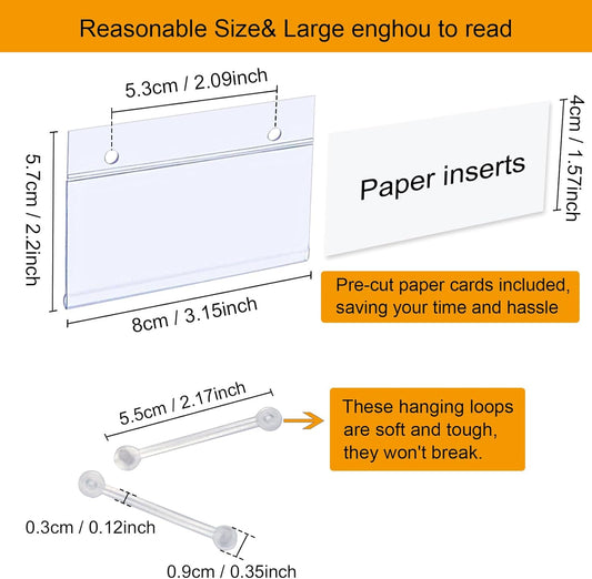 Plastic Shelf Labels, 60pcs Label Holders with 120pcs Snap Lock Hanging Loops and 60pcs Matched Paper Inserts for Wire Basket,Price Tags,Shelf Tags for Wire Shelving 3.15x1.57inch