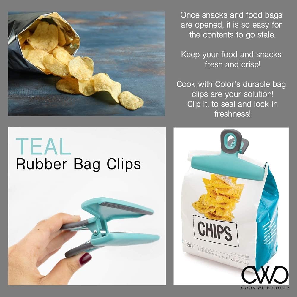 Food Clips - Wide Heavy Duty Chip Clips, Large Bag Clips for Food Storage with Air Tight Seal Grip, Pack of 4, Teal