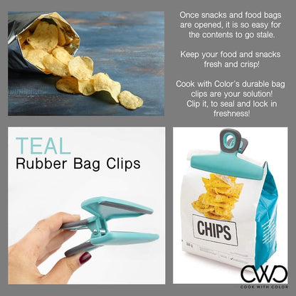 Food Clips - Wide Heavy Duty Chip Clips, Large Bag Clips for Food Storage with Air Tight Seal Grip, Pack of 4, Teal