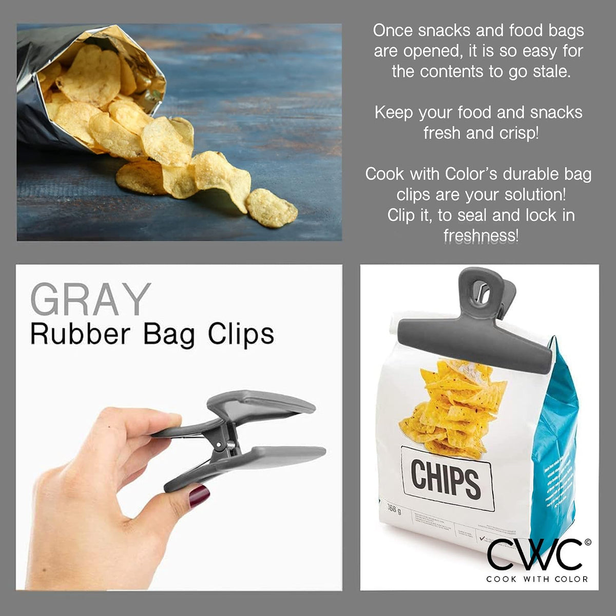 Food Clips - Wide Heavy Duty Chip Clips, Large Bag Clips for Food Storage with Air Tight Seal Grip, Pack of 4, Teal