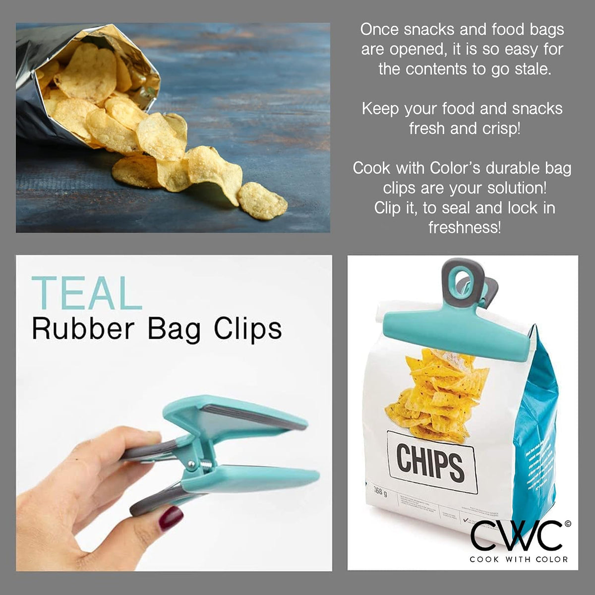 Food Clips - Wide Heavy Duty Chip Clips, Large Bag Clips for Food Storage with Air Tight Seal Grip, Pack of 4, Teal