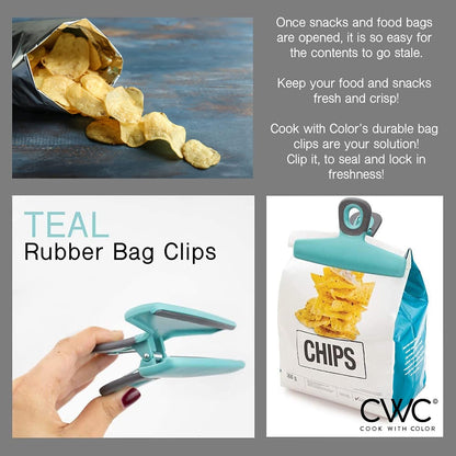Food Clips - Wide Heavy Duty Chip Clips, Large Bag Clips for Food Storage with Air Tight Seal Grip, Pack of 4, Teal