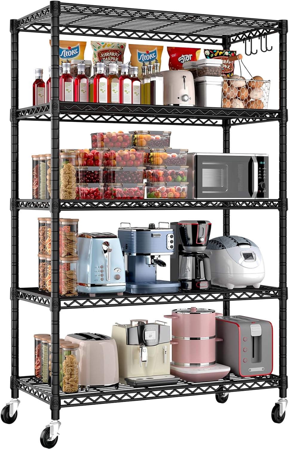 36"W x 16"D x 79"H Wire Shelving with Wheels, 5-tier Metal Shelf