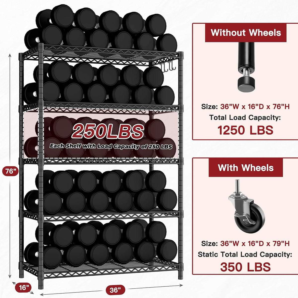 36"W x 16"D x 79"H Wire Shelving with Wheels, 5-tier Metal Shelf