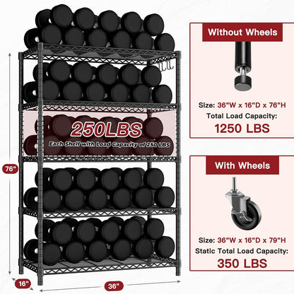 36"W x 16"D x 79"H Wire Shelving with Wheels, 5-tier Metal Shelf