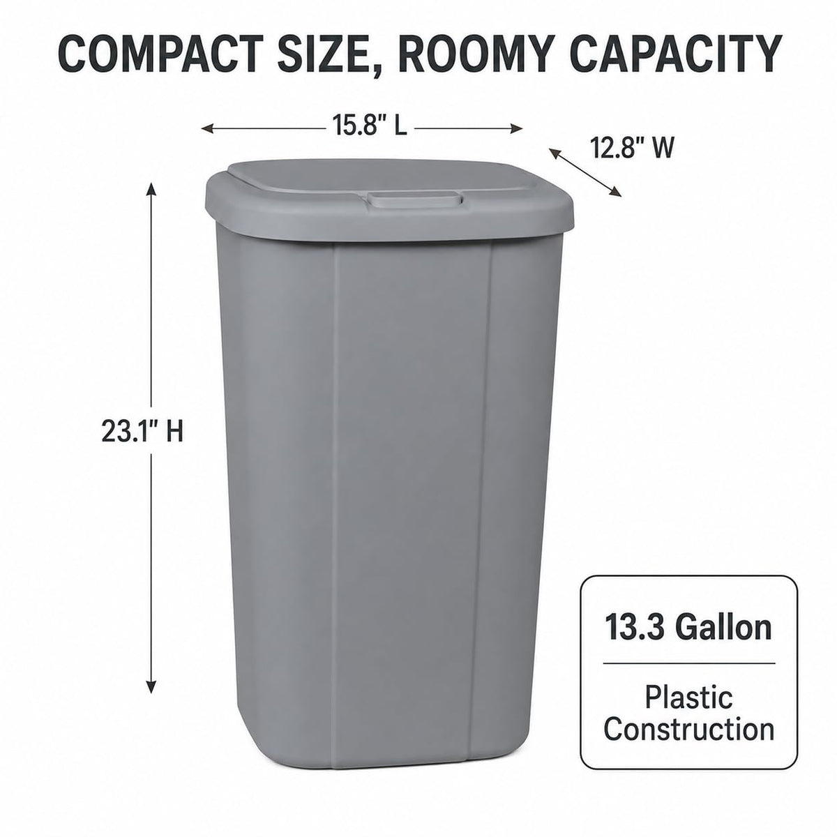 13.3 Gallon Plastic Kitchen Trash Can, Slim Touch Top Push Button Lid Gray