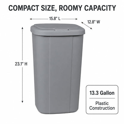 13.3 Gallon Plastic Kitchen Trash Can, Slim Touch Top Push Button Lid Gray