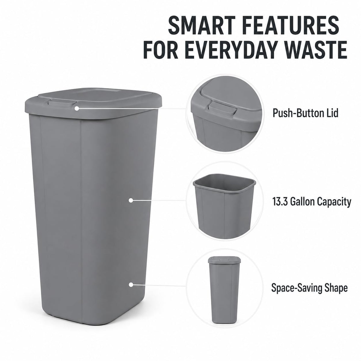 13.3 Gallon Plastic Kitchen Trash Can, Slim Touch Top Push Button Lid Gray