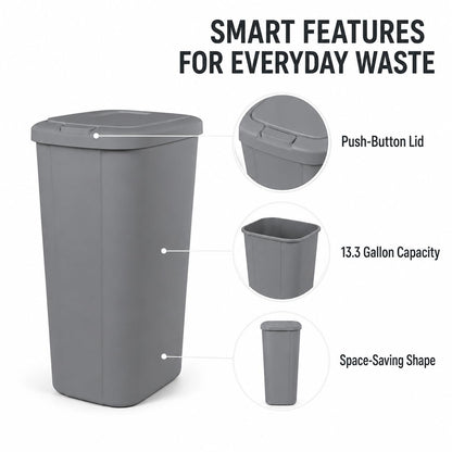 13.3 Gallon Plastic Kitchen Trash Can, Slim Touch Top Push Button Lid Gray