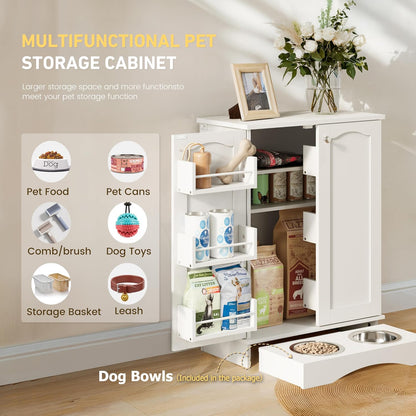 FIMELLO 31.7" High Dog Feeding Station with Feeding Bowls, Pet Organizers and Storage Adjustable Shelf, Dog Feeder Station, Pet Storage Cabinet for Cats and Dogs, White