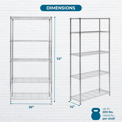 5-Tier Heavy Duty Adjustable Shelving Unit, 200-lb Per Shelf NSF Certified Metal Storage Rack, Chrome Wire Shelf for Garage Kitchen Pantry, 36 x 14 x 72 in