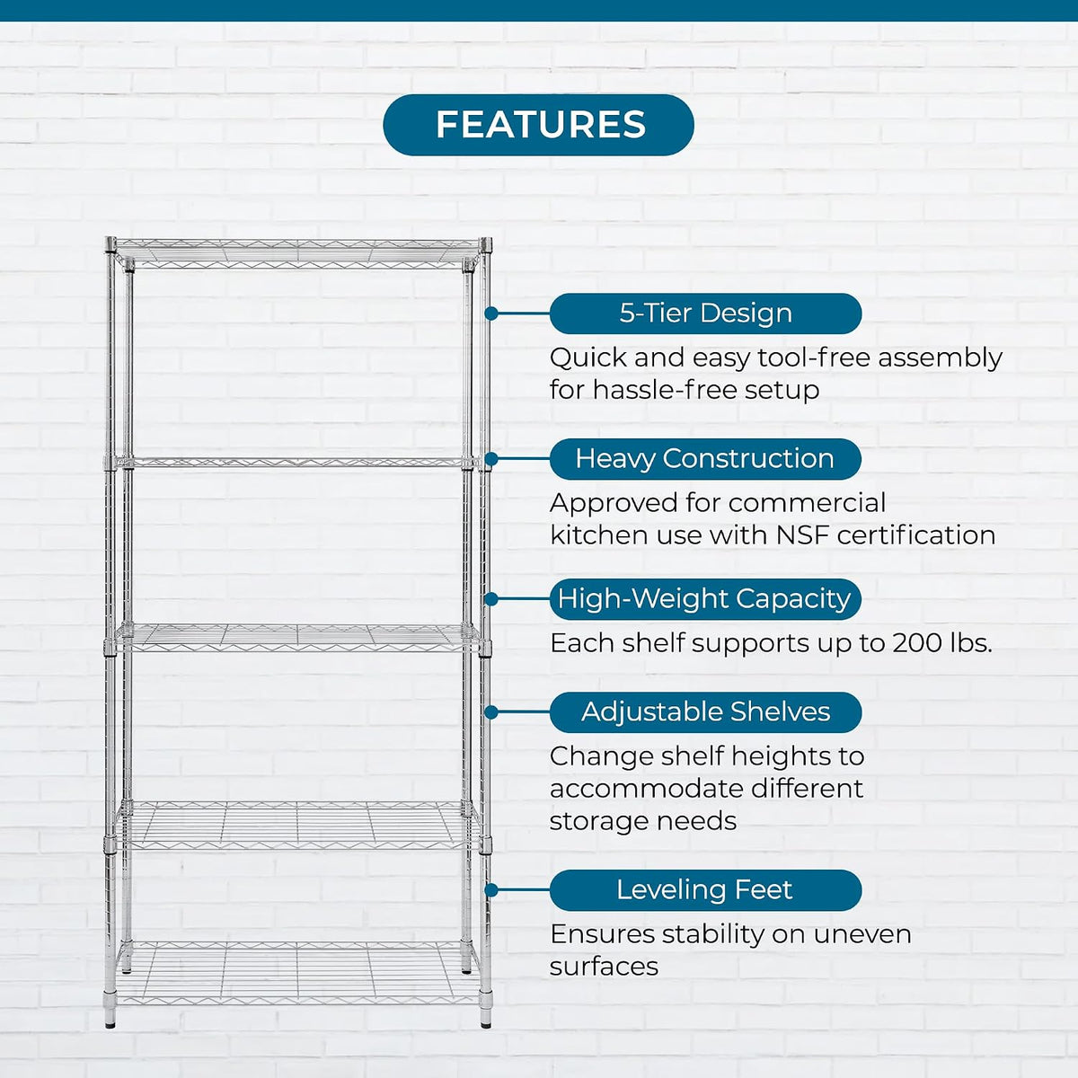 5-Tier Heavy Duty Adjustable Shelving Unit, 200-lb Per Shelf NSF Certified Metal Storage Rack, Chrome Wire Shelf for Garage Kitchen Pantry, 36 x 14 x 72 in
