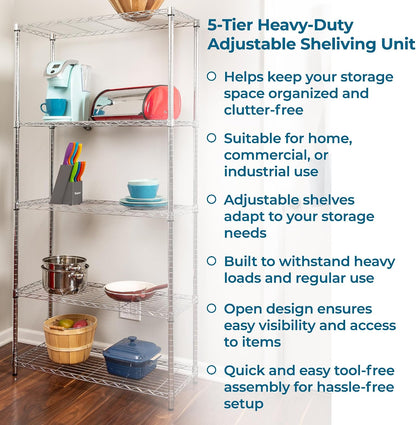 5-Tier Heavy Duty Adjustable Shelving Unit, 200-lb Per Shelf NSF Certified Metal Storage Rack, Chrome Wire Shelf for Garage Kitchen Pantry, 36 x 14 x 72 in