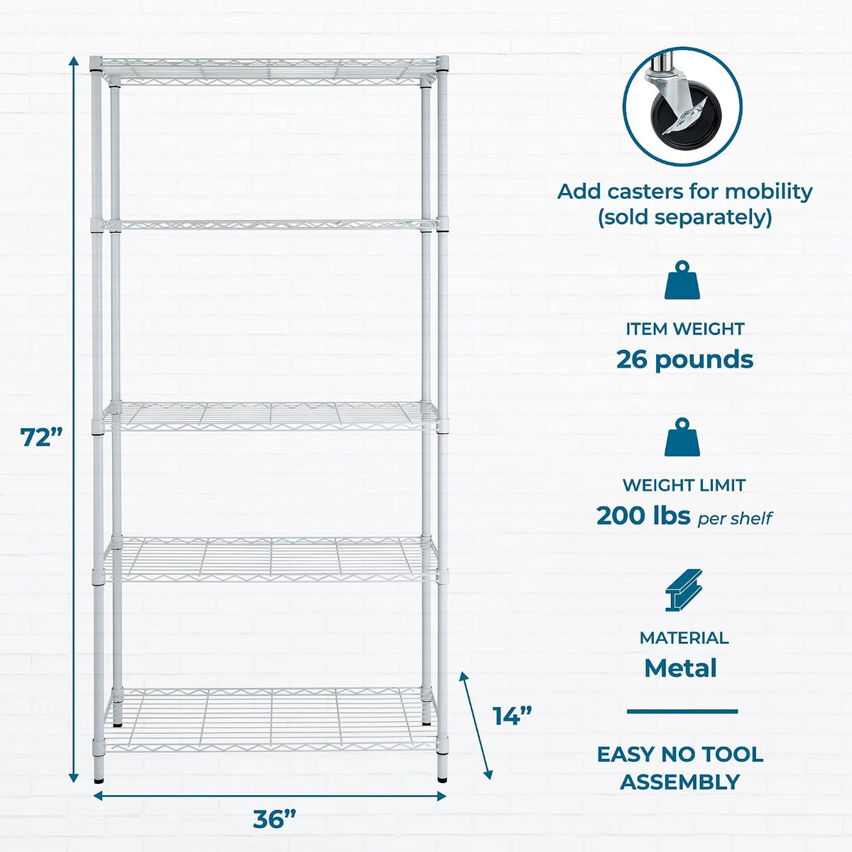 5-Tier Heavy Duty Adjustable Shelving Unit, 200-lb Per Shelf NSF Certified Metal Storage Rack, Chrome Wire Shelf for Garage Kitchen Pantry, 36 x 14 x 72 in