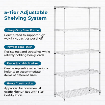 5-Tier Heavy Duty Adjustable Shelving Unit, 200-lb Per Shelf NSF Certified Metal Storage Rack, Chrome Wire Shelf for Garage Kitchen Pantry, 36 x 14 x 72 in