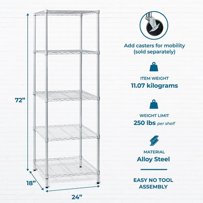 5-Tier Heavy Duty Adjustable Shelving Unit, 200-lb Per Shelf NSF Certified Metal Storage Rack, Chrome Wire Shelf for Garage Kitchen Pantry, 36 x 14 x 72 in