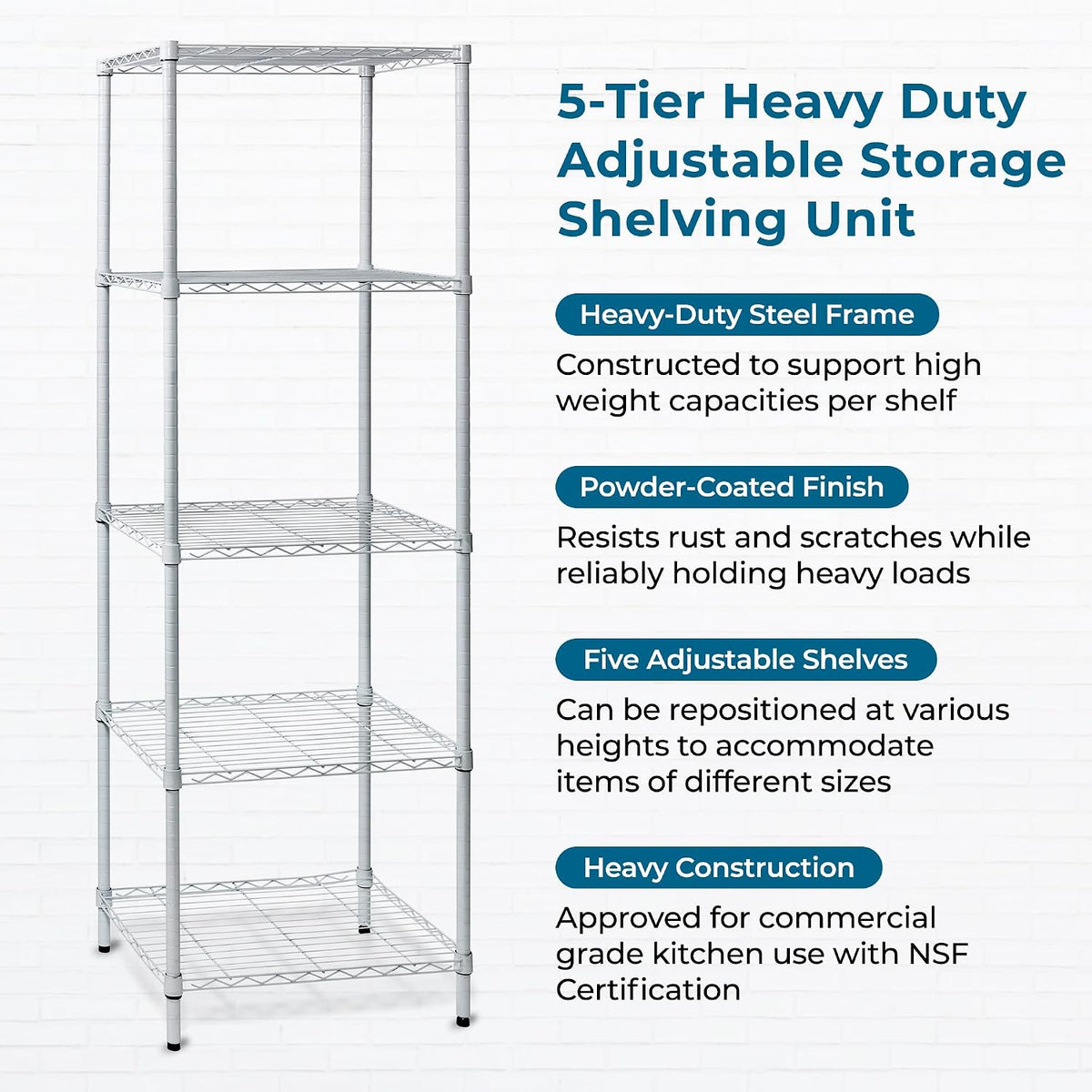 5-Tier Heavy Duty Adjustable Shelving Unit, 200-lb Per Shelf NSF Certified Metal Storage Rack, Chrome Wire Shelf for Garage Kitchen Pantry, 36 x 14 x 72 in