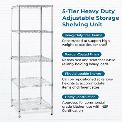 5-Tier Heavy Duty Adjustable Shelving Unit, 200-lb Per Shelf NSF Certified Metal Storage Rack, Chrome Wire Shelf for Garage Kitchen Pantry, 36 x 14 x 72 in