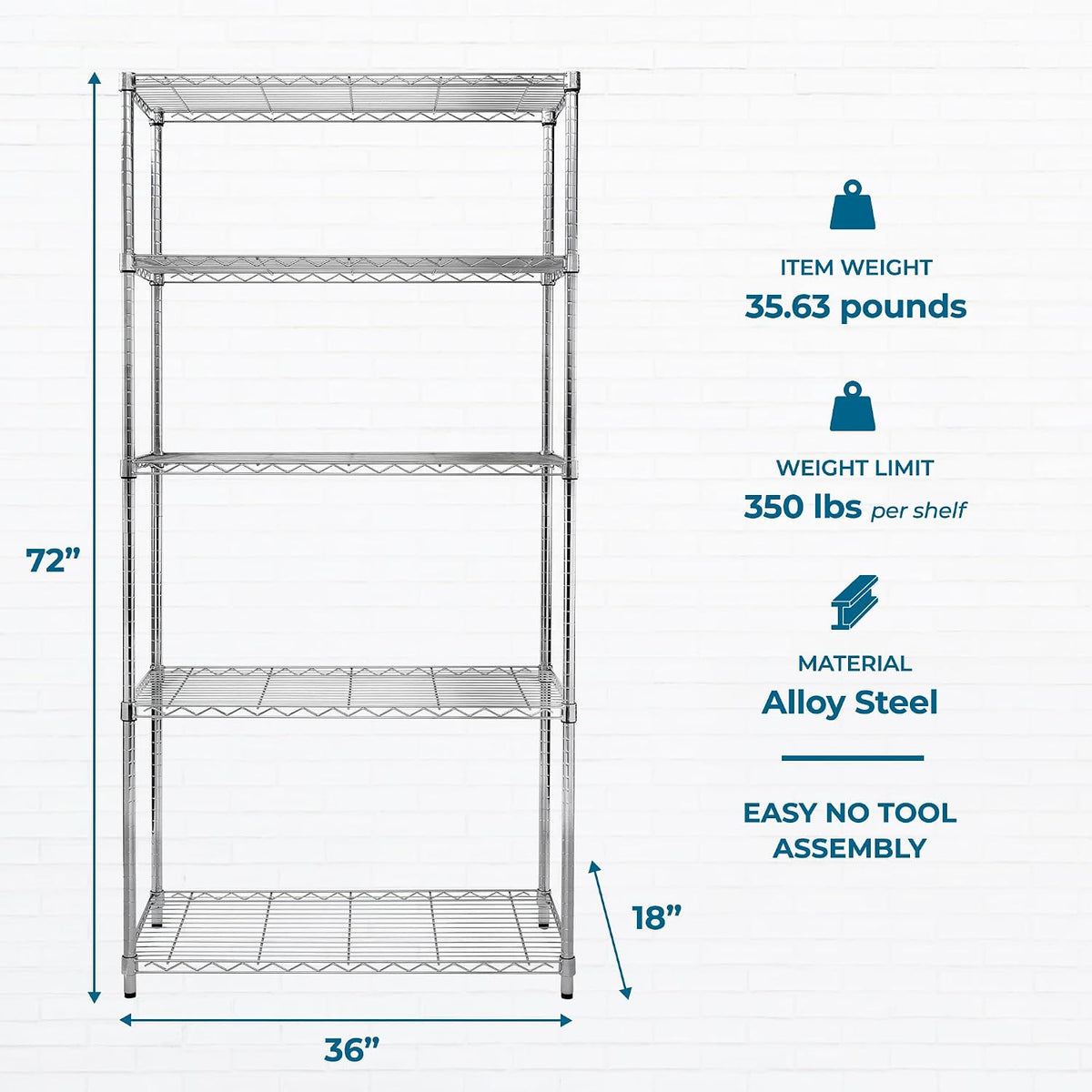 5-Tier Heavy Duty Adjustable Shelving Unit, 200-lb Per Shelf NSF Certified Metal Storage Rack, Chrome Wire Shelf for Garage Kitchen Pantry, 36 x 14 x 72 in