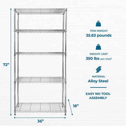 5-Tier Heavy Duty Adjustable Shelving Unit, 200-lb Per Shelf NSF Certified Metal Storage Rack, Chrome Wire Shelf for Garage Kitchen Pantry, 36 x 14 x 72 in