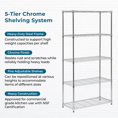 5-Tier Heavy Duty Adjustable Shelving Unit, 200-lb Per Shelf NSF Certified Metal Storage Rack, Chrome Wire Shelf for Garage Kitchen Pantry, 36 x 14 x 72 in
