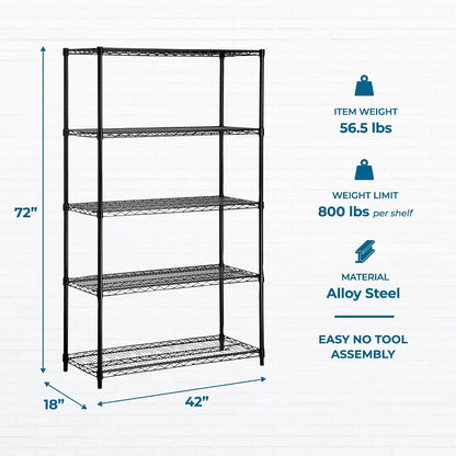 5-Tier Heavy Duty Adjustable Shelving Unit, 200-lb Per Shelf NSF Certified Metal Storage Rack, Chrome Wire Shelf for Garage Kitchen Pantry, 36 x 14 x 72 in