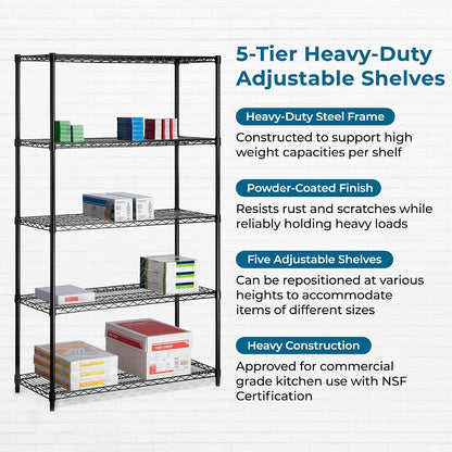 5-Tier Heavy Duty Adjustable Shelving Unit, 200-lb Per Shelf NSF Certified Metal Storage Rack, Chrome Wire Shelf for Garage Kitchen Pantry, 36 x 14 x 72 in