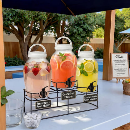 3pcs 1.2 Gal Plastic Drink Dispenser with Spigot Metal Stand, White